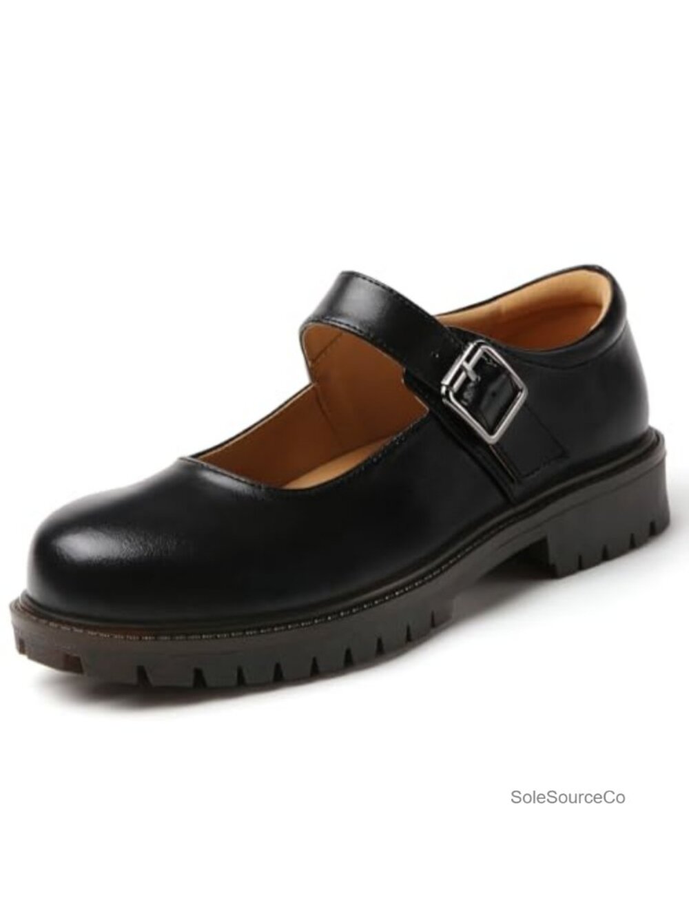 Black Chunky Leather Platform Mary Jane Flats Adjustable